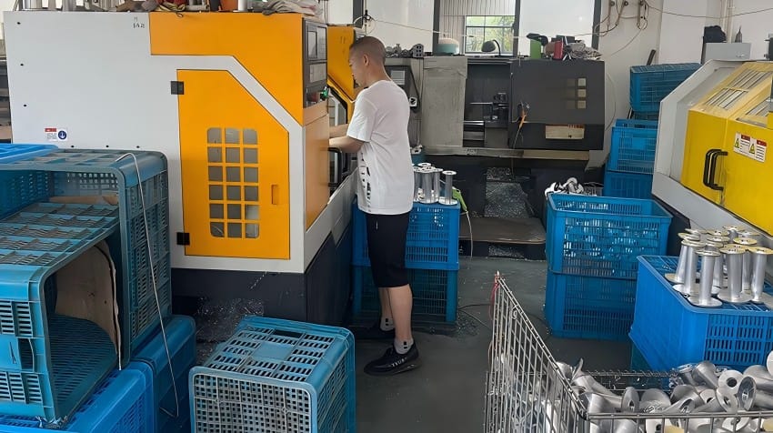 In a CNC lathe, the workpiece is held and rotated at high speed 